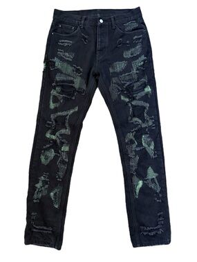 Mnml Black Green Thread Distressed Skinny Jeans Men’s